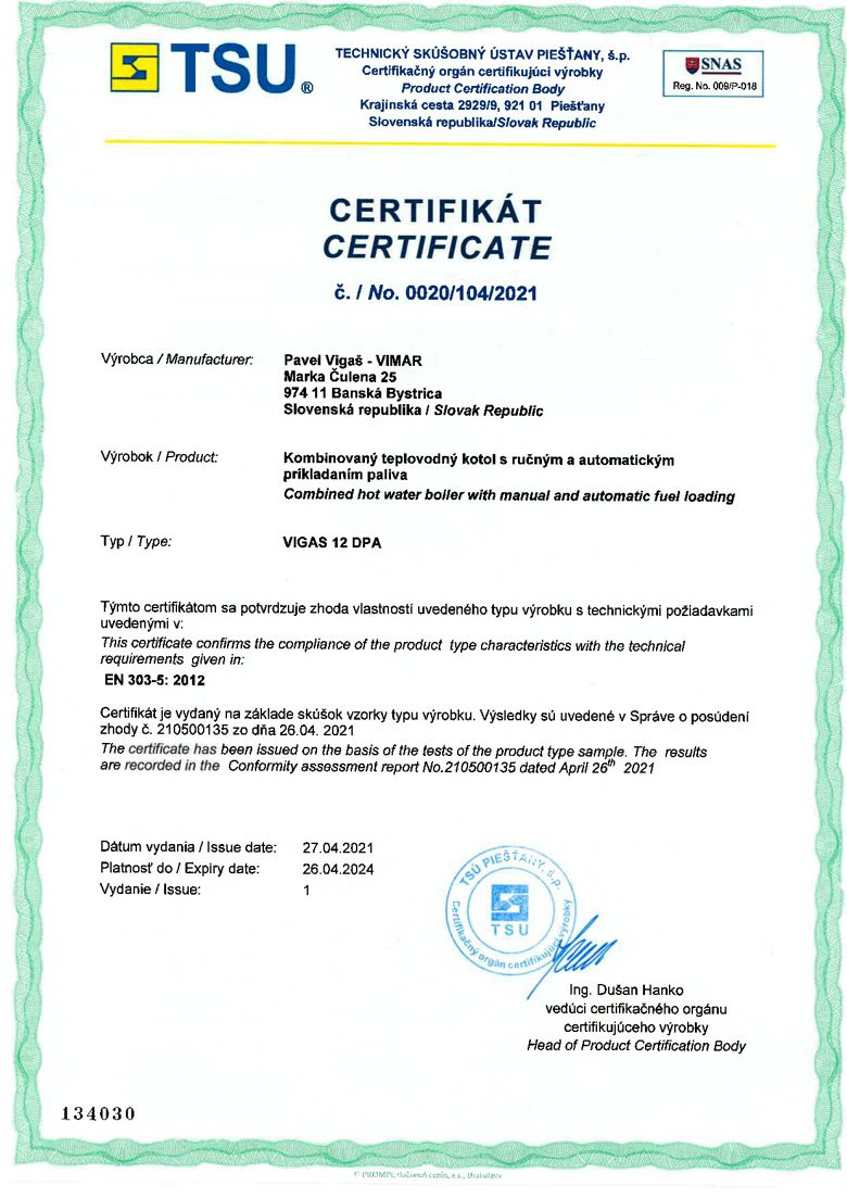 Certifikát EN 303-5 12DPA 