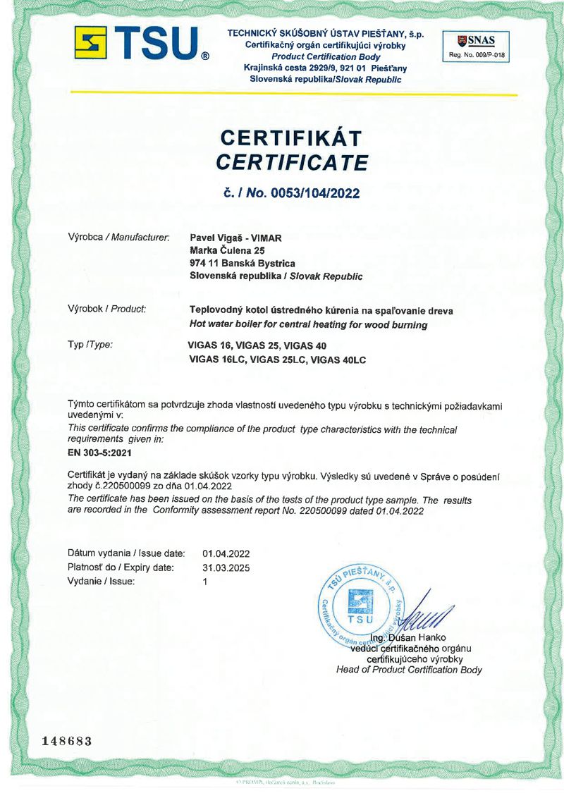 Certifikát EN 303-5 16,16LC,25,25LC,40,40LC 