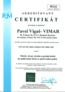 Certifikát STN EN ISO 14001:2015