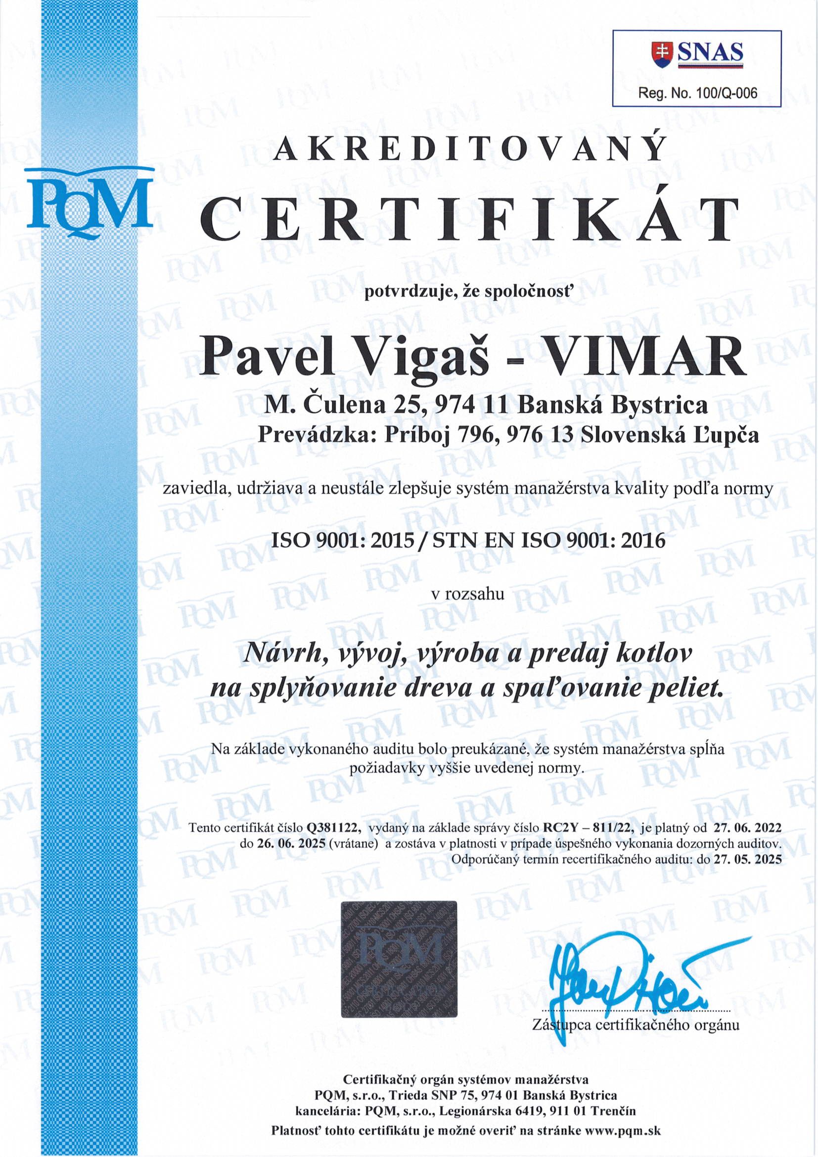 Certifikát STN EN ISO 9001:2016
